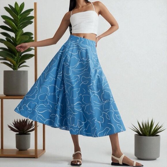 Madewell Skirt Womens 8 Blue Floral Signature Poplin‎ Maxi Linear Bloom Pockets - Picture 1 of 13